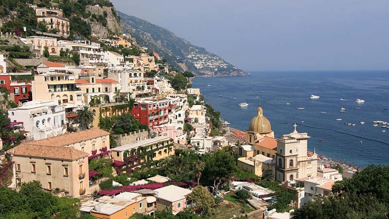 The cliffside town of Positano above the sea on the Amalfi Coast